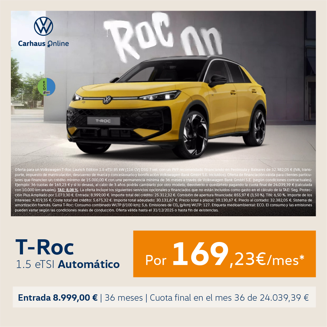 ¡Novedad! Nuevo T-Roc 2026 automático por 169,23€/mes*